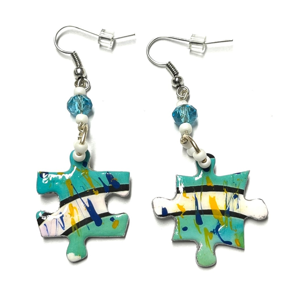 Puzzle piece handcrafted earrings. New Teal & white sealed, coordinating beads,